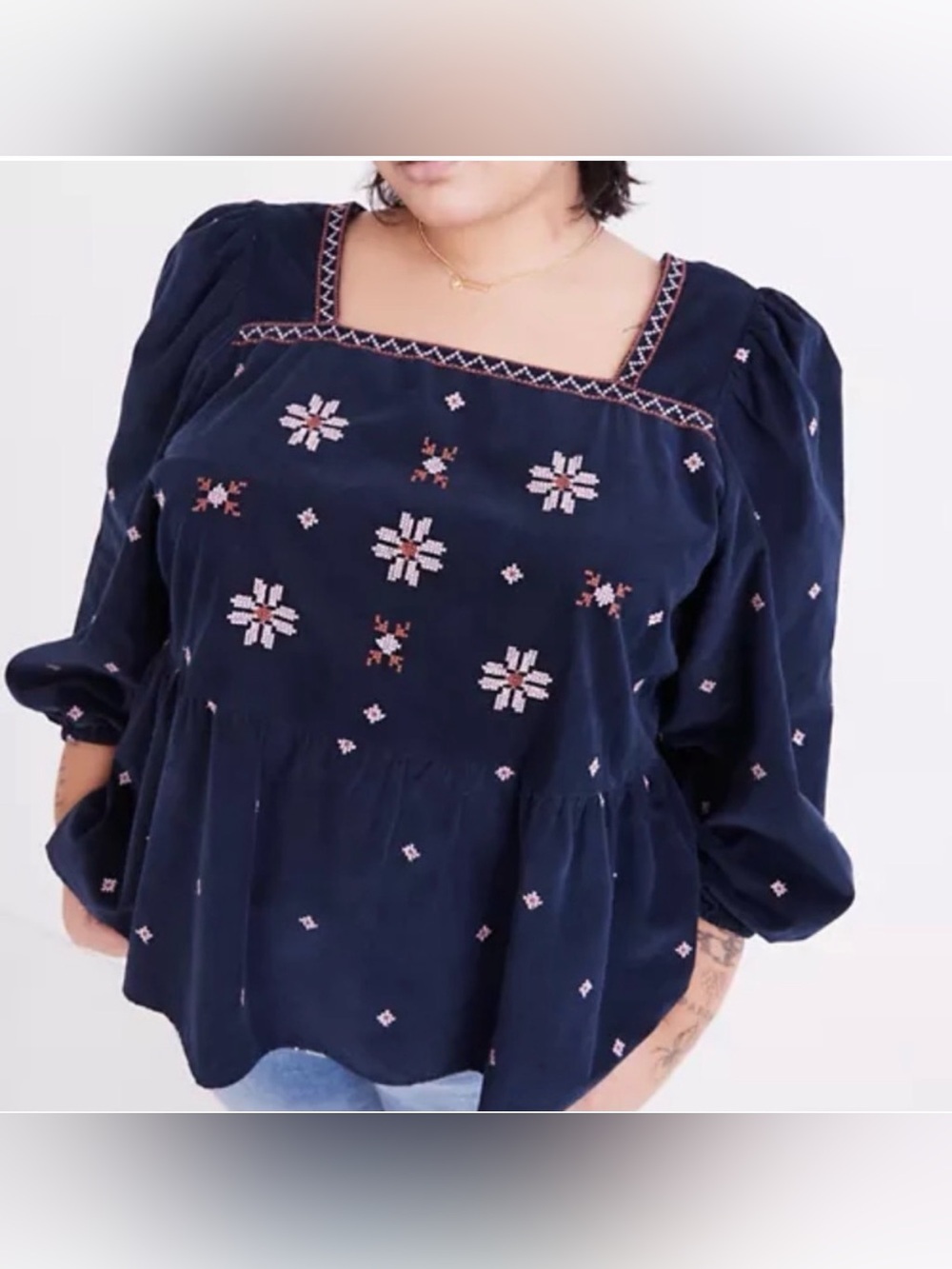 Madewell Embroidered Corduroy Peplum Top 1X Navy Cottagecore Puff Sleeve NWT